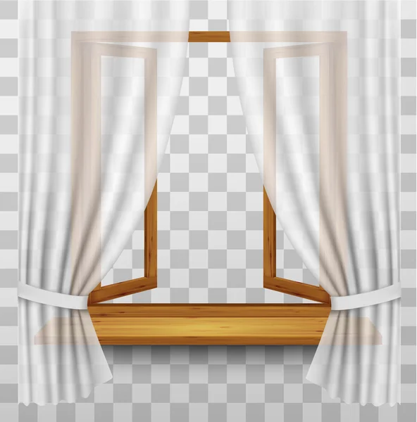 Quadro de janela de madeira com cortinas em um fundo transparente. V — Vetor de Stock