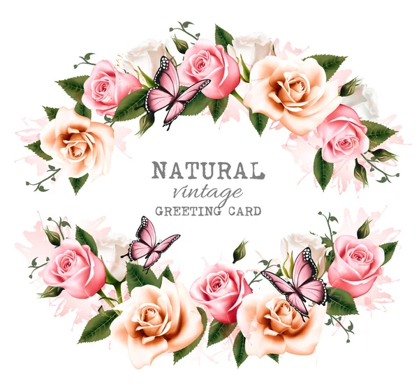 Tarjeta de felicitación vintage natural con rosas. Vector . — Archivo Imágenes Vectoriales