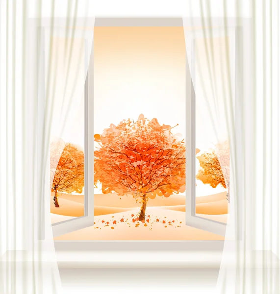 Fondo de otoño con una ventana abierta y árboles de colores. Vector — Vector de stock