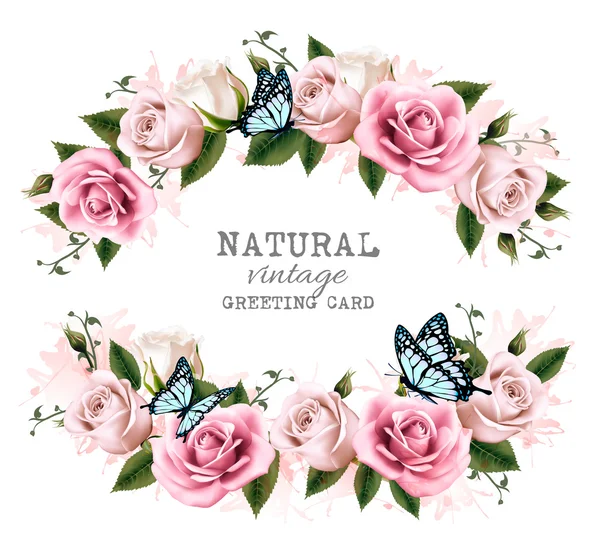 Cadre d'accueil vintage naturel avec des roses. Vecteur . — Image vectorielle