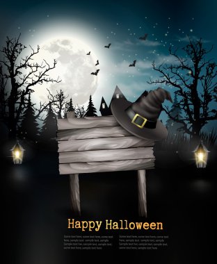 Ahşap bir işareti ile korkunç Cadılar Bayramı arka plan. Vektör.