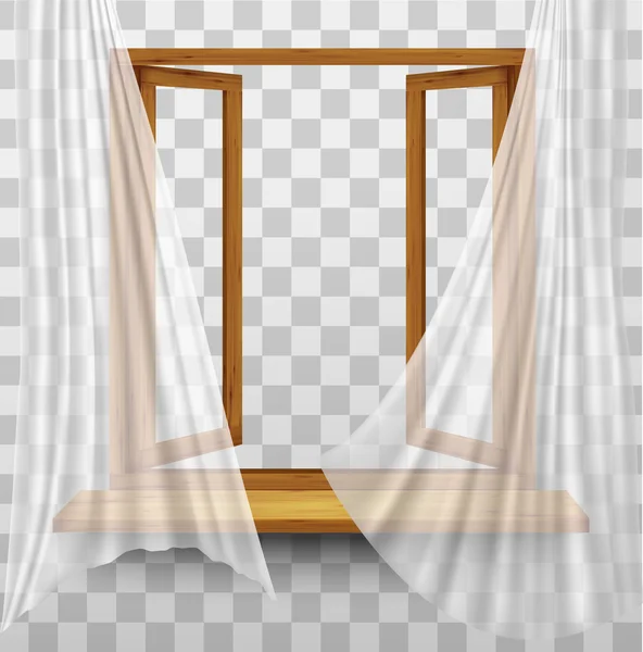 Wooden window frame with curtains on a transparent background. V — Stock Vector