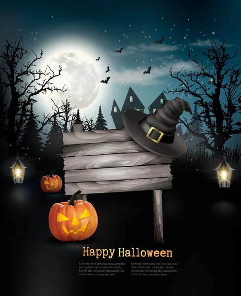 Enge Halloween achtergrond met een houten bord. Vector. — Stockvector