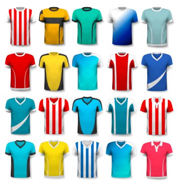 Çeşitli futbol formaları topluluğu. T-shirt şeffaf
