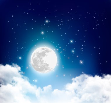 Dolunay, bulut ve yıldız ile gece doğa gökyüzü arka plan. VEC