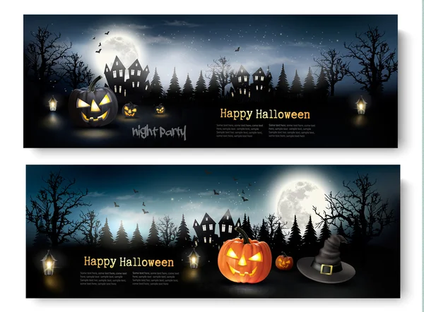Dois Banners de Halloween com Abóboras e Lua. Vetor — Vetor de Stock