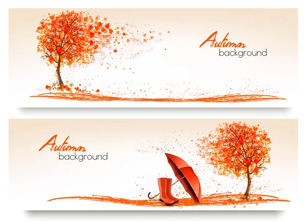 Autumn banners with trees and umbrella and rain boots. Vector. — Stock Vector