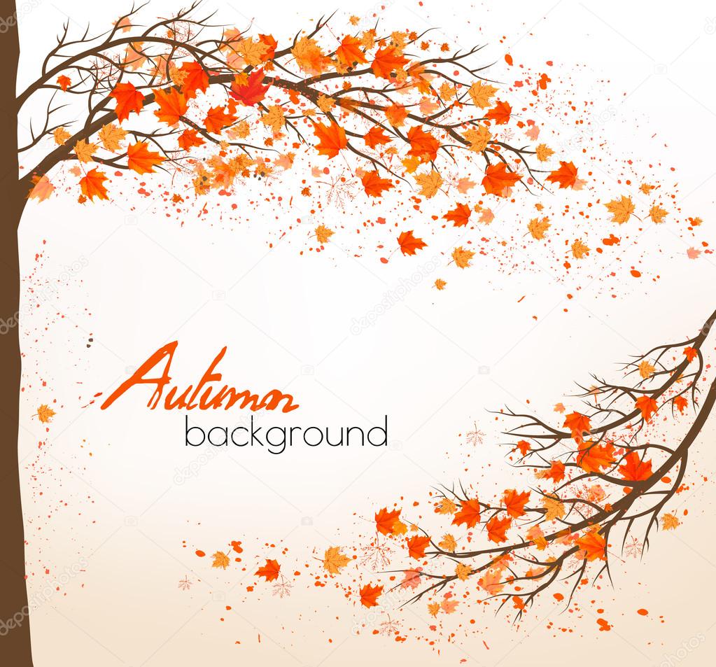 Autumn background with a tree and colorful leaves. Vector.
