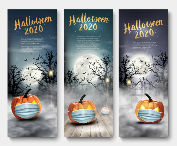 Bannières Halloween Vacances Avec Des Citrouilles Portant Masque Médical Des — Image vectorielle