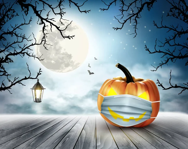 Nyaralás Halloween Háttér Sütőtök Visel Orvosi Arc Maszk Halloween Arc — Stock Vector