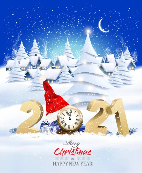 Holiday Christmas New Year Background Village Landscape 2021 Presents Santa — Stock Vector