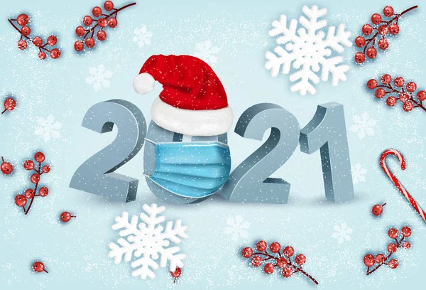 Happy Chistmas Nieuwjaarsachtergrond 2021 Met Een Beschermend Gezichtsmasker Gezichtsmasker Voor — Stockvector