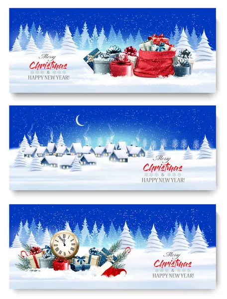 Three Holiday Christmas New Year Banners Winter Village Landscape Gift — Stock Vector