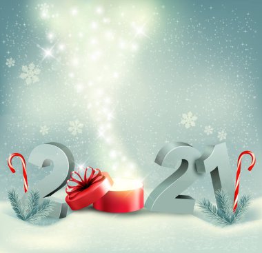2021 ve sihirli kutulu bir Noel tatili geçmişi. Vektör.