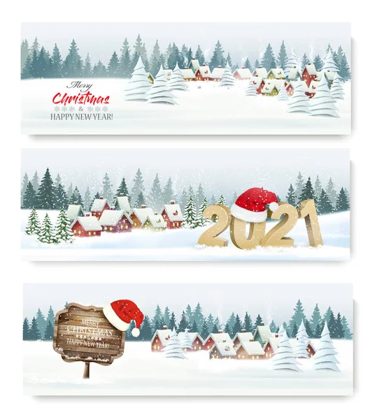 Three Holiday Christmas Holiday Landscape Banners Santa Hat Vector — Stock Vector