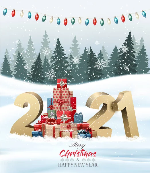Renkli Hediye Kutularından Hediyelerden Kış Manzarasından Yapılmış Noel Ağacıyla Tatil — Stok Vektör
