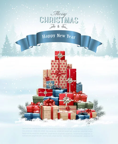 Retro Dovolená Vánoční Pozadí Vánočním Stromečkem Barevných Dárkových Krabic Krajiny — Stockový vektor