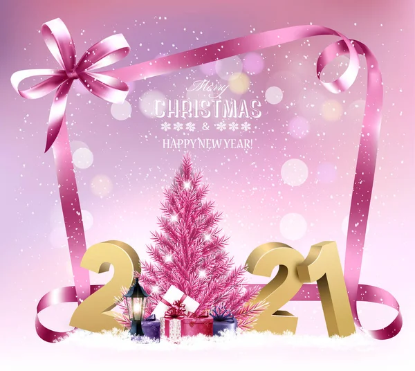 Merry Christmas New Year Holiday Background Pink Christmas Tree Presents — Stock Vector