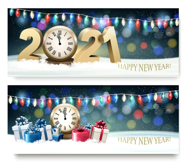 Happy New Year Banners Presents Fireworks Vector — Stock Vector