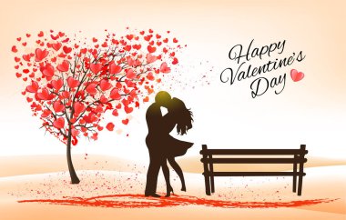 Holiday Valentine's Day background. Tree with heart-shaped leaves and Couple in Love. Vector. clipart