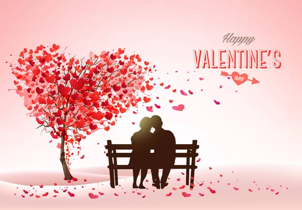 Valentine Day Holiday Background Heart Shape Tree Couple Love Bench — Stock Vector