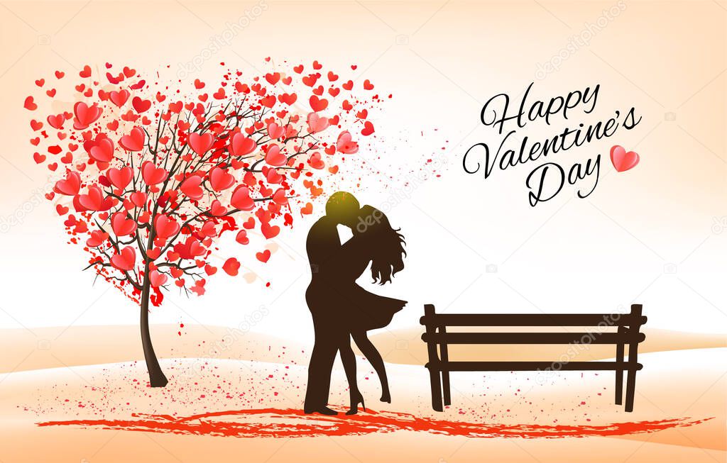 Holiday Valentine's Day background. Tree with heart-shaped leaves and Couple in Love. Vector.