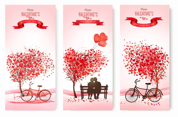 Valentine Day Holiday Banners Couple Love Bench Heart Shape Trees — Stock Vector