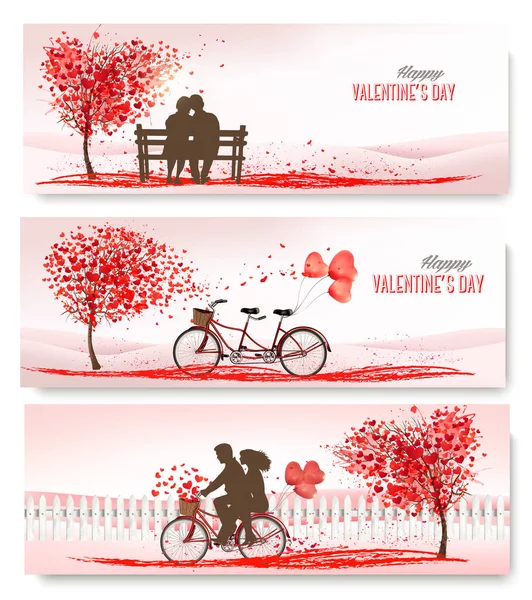 Trois Bannières Saint Valentin Avec Des Arbres Roses Des Cœurs — Image vectorielle