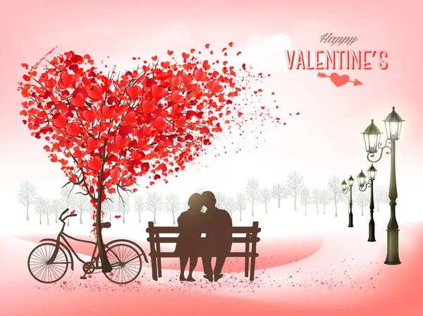 Valentýnské Prázdniny Pozadí Stromem Tvaru Srdce Listí Pár Zamilovaný Lavičce — Stockový vektor