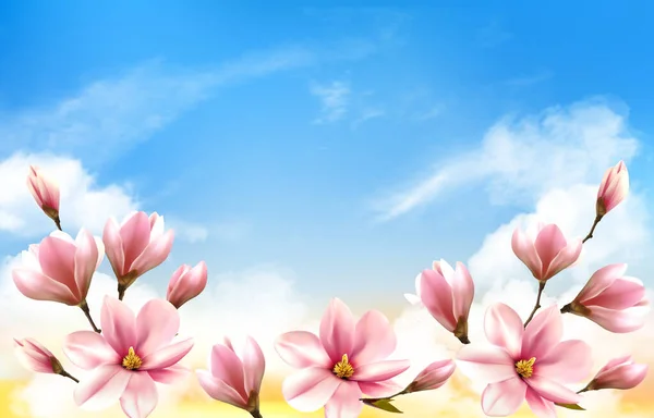 大自然的春天背景 蓝天上有美丽的木兰花枝条 — 图库矢量图片