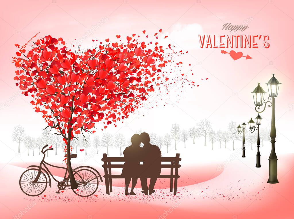 Valentine's Day holiday background with tree with heart-shaped leaves and couple in love on a bench. Concept of love. Vector