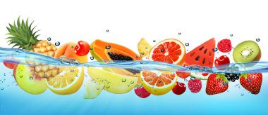 Taze papaya, farklı meyveler ve şeffaf su ve oksijen kabarcıkları içinde meyve. Vektör illüstrasyonu