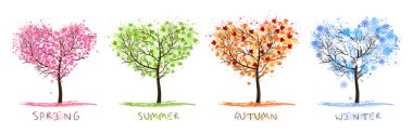 Doğa Dört farklı mevsimleri temsil eden şekillendirilmiş ağaçlar. İlkbahar, yaz, sonbahar, kış. Vektör.