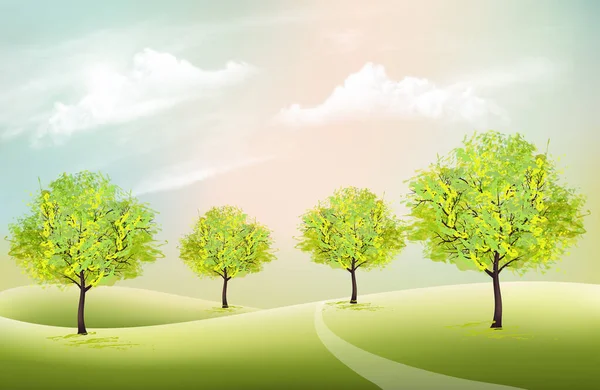 Bela Natureza Verão Fundo Com Verde Árvores Landscare Vetor — Vetor de Stock