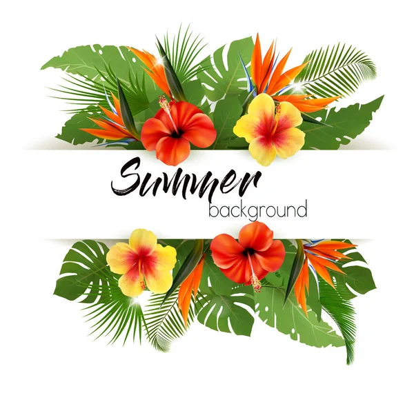 Sommerurlaub Hintergrund Mit Tropischen Pflanzen Und Exotischen Blumen Vektor — Stockvektor