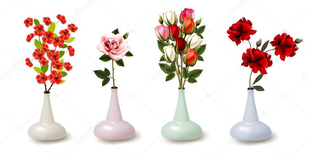 Collection of spring and summer  flowers in colorful vases. Vector