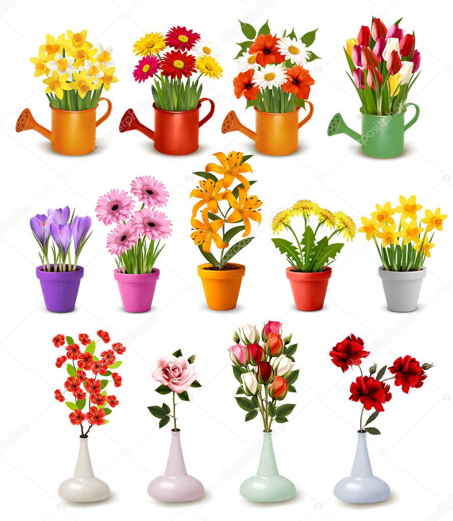 Mega collection of spring and summer colorful flowers in pots,  watering cans and vases. Vector