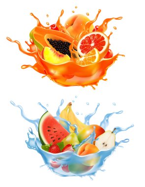 Tatlı egzotik meyve suyu ve su sıçraması. Tam ve dilimlenmiş papaya, kiraz, şeftali, greyfurt ve portakal, muz, karpuz, armut, tatlı bir meyve suyu ve su. Üç boyutlu. Vektör.