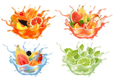 Tatlı egzotik meyve suyu ve su sıçraması. Tam ve dilimlenmiş papaya, kiraz, şeftali, greyfurt ve portakal, muz, karpuz, armut nanesi, limon, tatlı bir meyve suyu, su ve damla. Üç boyutlu. Vektör.