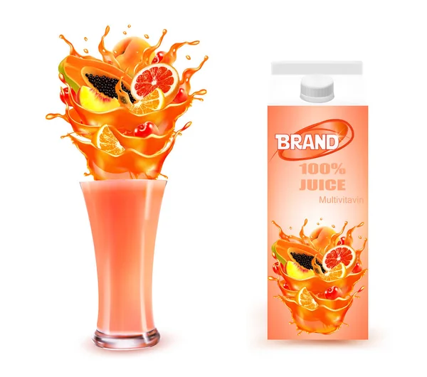 甜甜的异国情调的果汁溅 将木瓜 柚子和橙子切成薄片 加入甜果汁汁或带有花斑的鸡尾酒 设计模板 — 图库矢量图片
