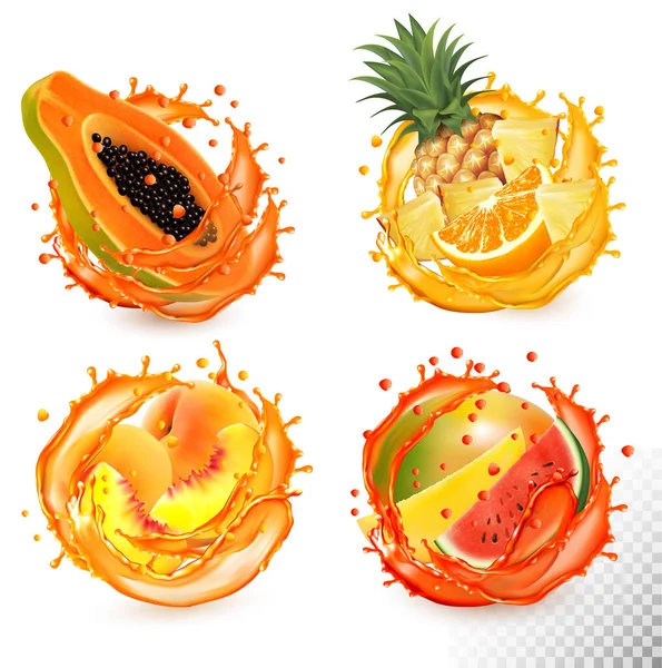 Conjunto Salpicaduras Jugo Fruta Papaya Piña Naranja Sandía Melocotón Mango — Vector de stock