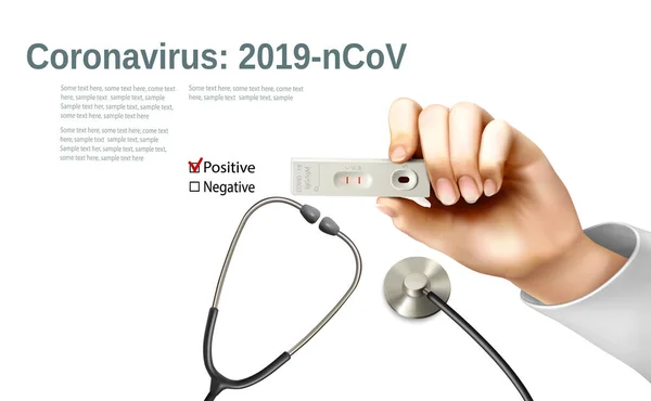 Coranavirus Bakgrund Med Sjuksköterska Som Håller Ett Positivt Snabbt Antigentest — Stock vektor