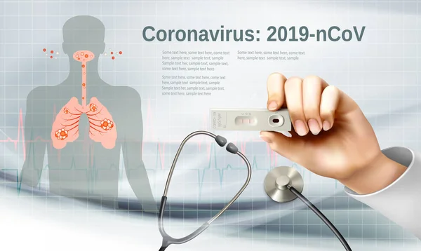 Coranavirus Bakgrund Med Sjuksköterska Som Håller Ett Positivt Snabbt Antigentest — Stock vektor