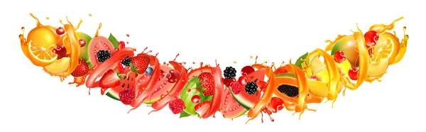 Fruit Juice Splash Panorama Strawberry Raspberry Blueberry Blackberry Orange Guava — Stock Vector