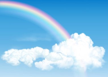 Beyaz saydam bulutlar ve güneş ile mavi gökyüzü arka planı. Vektör illüstrasyonu.