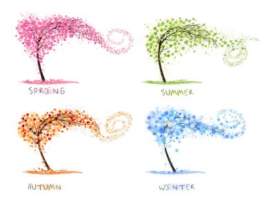Doğa Dört farklı mevsimleri temsil eden şekillendirilmiş ağaçlar. İlkbahar, yaz, sonbahar, kış. Vektör.