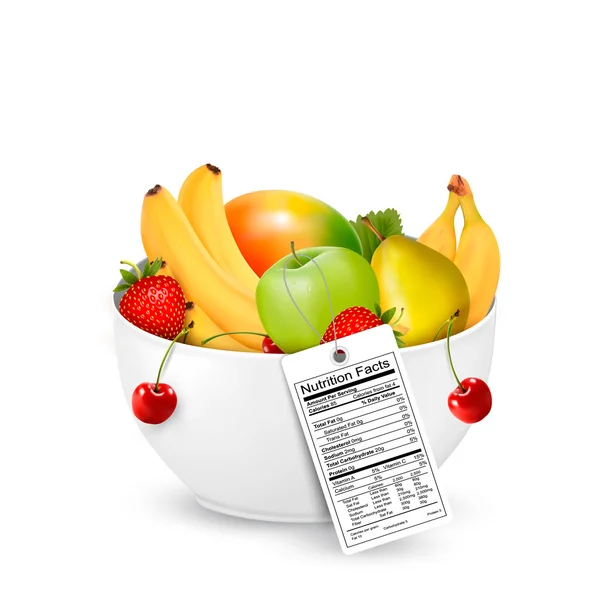 Schüssel mit gesundem Obst mit Nährstoffetikett. Vektor. — Stockvektor
