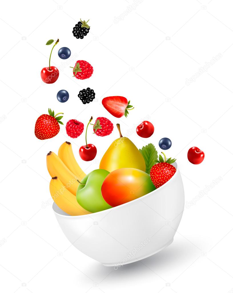 Bowl of healthy fruit. Concept of diet. Vector illustration.