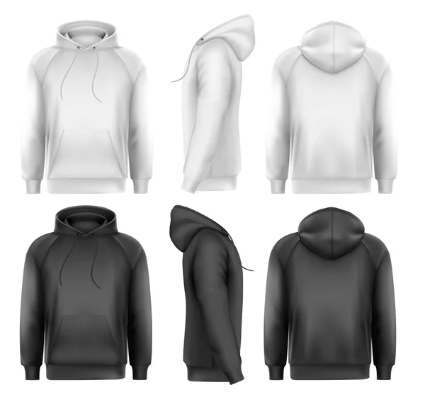 Set of black and white male hoodies with sample text space. Vect — Stock Vector