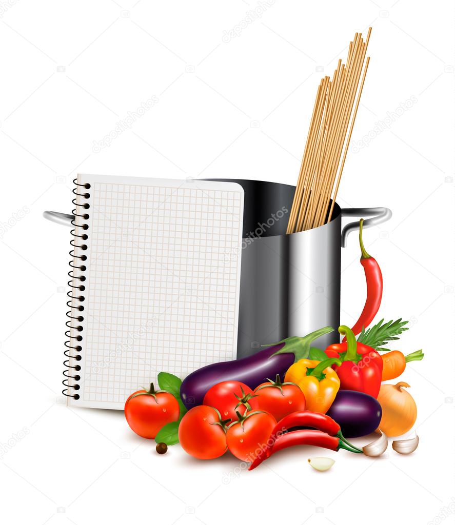 Recipe template. Cookbook, vegetables and casserole. Vector